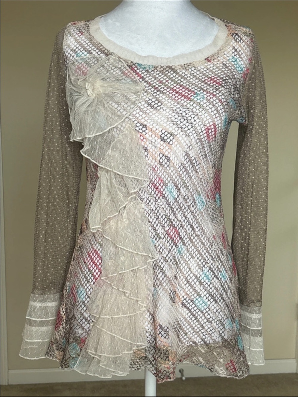 Long-Sleeve Taupe and Cream Ruffle Front Mesh Top